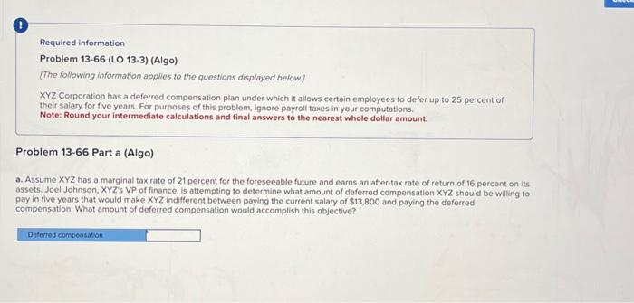 acct 387 ch 13 q 13 14 Required information Problem 13-66 (LO