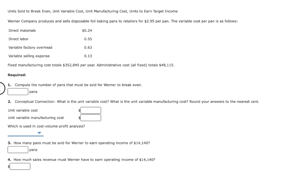  Units Sold to Break Even, Unit Variable Cost, Unit Manufacturing Cost,