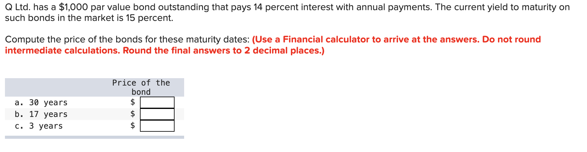  Q Ltd. has a $1,000 par value bond outstanding that pays