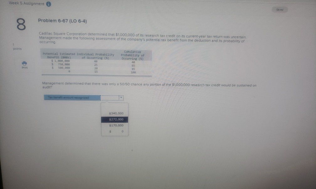  Week 5 Assignment saved Problem 6-67 (LO 6-4) Cadillac Square Corporation