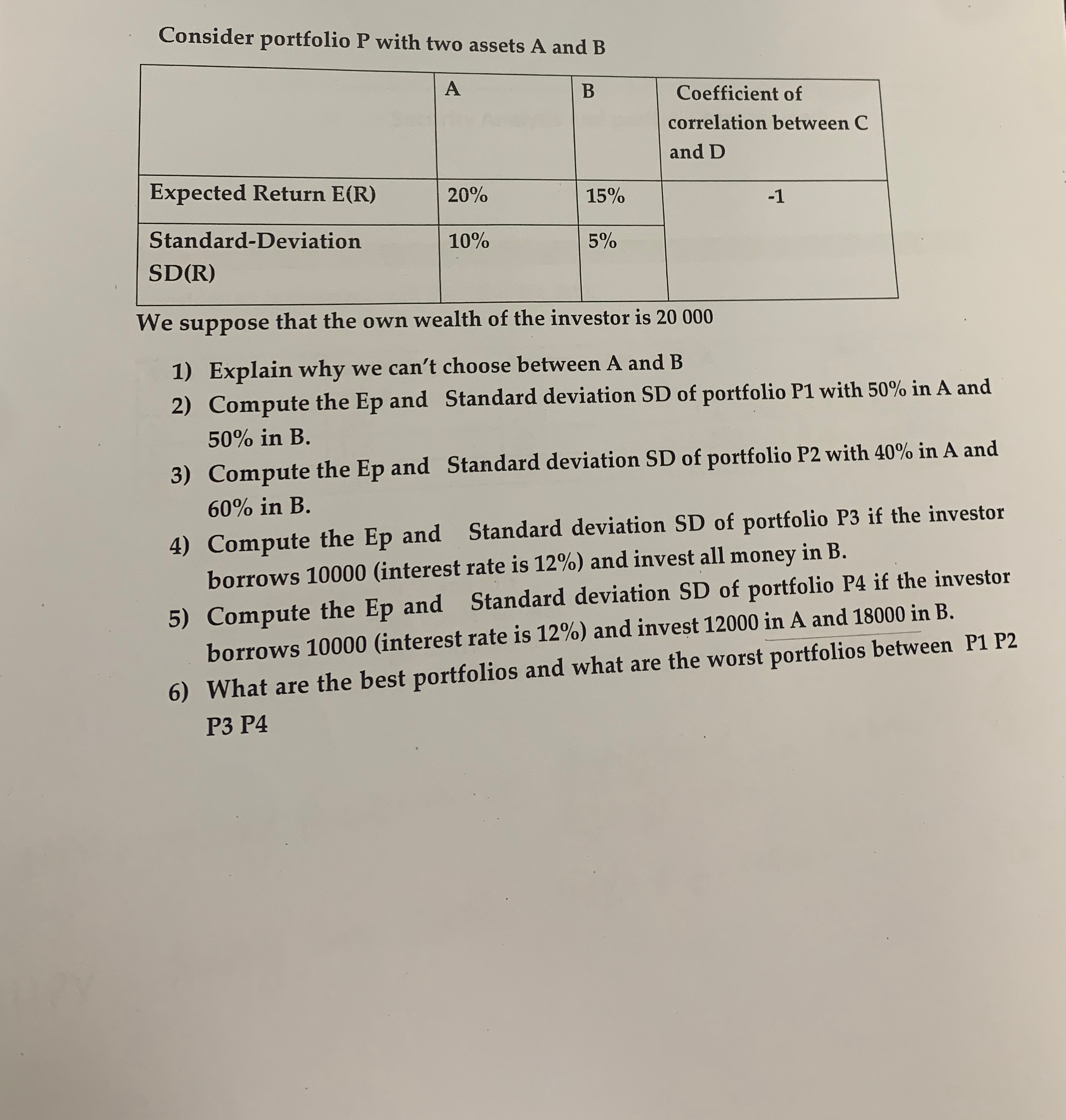  Consider portfolio P with two assets A and B \table[[,A,B,\table[[Coefficient of],[correlation