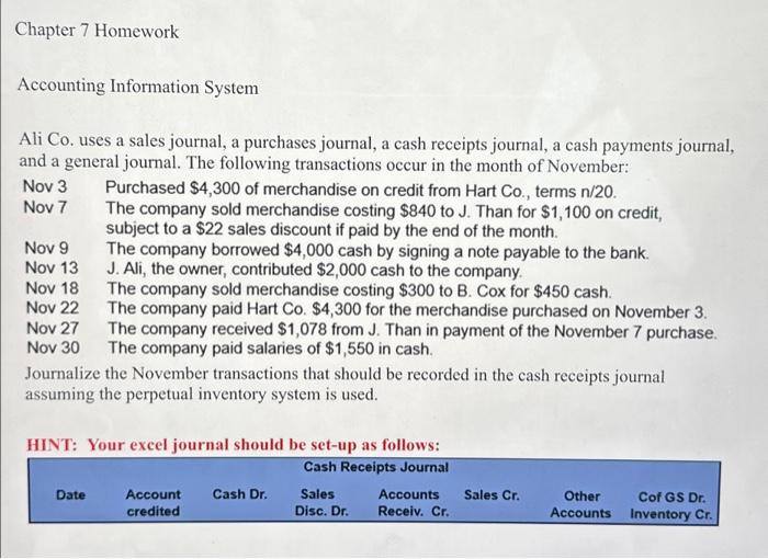  Chapter 7 Homework Accounting Information System Ali Co. uses a sales