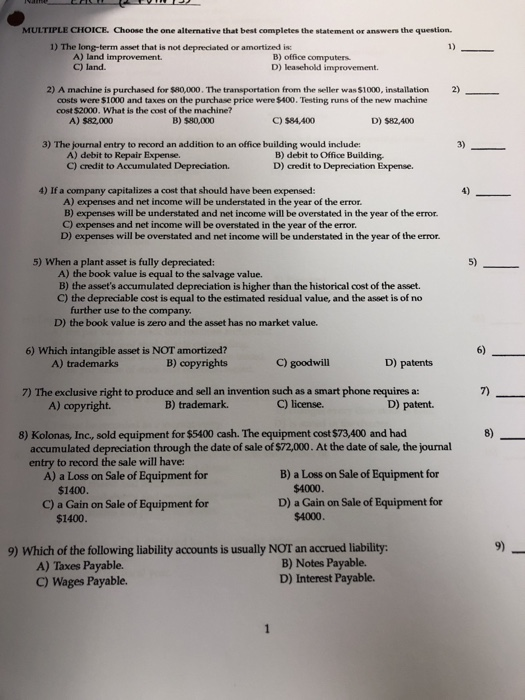  MULTIPLE CHOICE. Choose the one alternative that best completes the statement