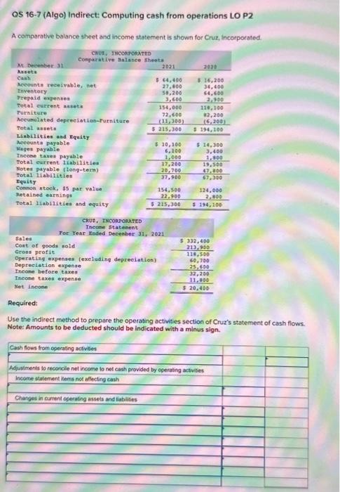  QS 16-7 (Algo) Indirect: Computing cash from operations LO P2 A