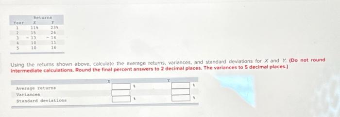 Please Help!!! Using the returns shown above, calculate the average returns, variances,