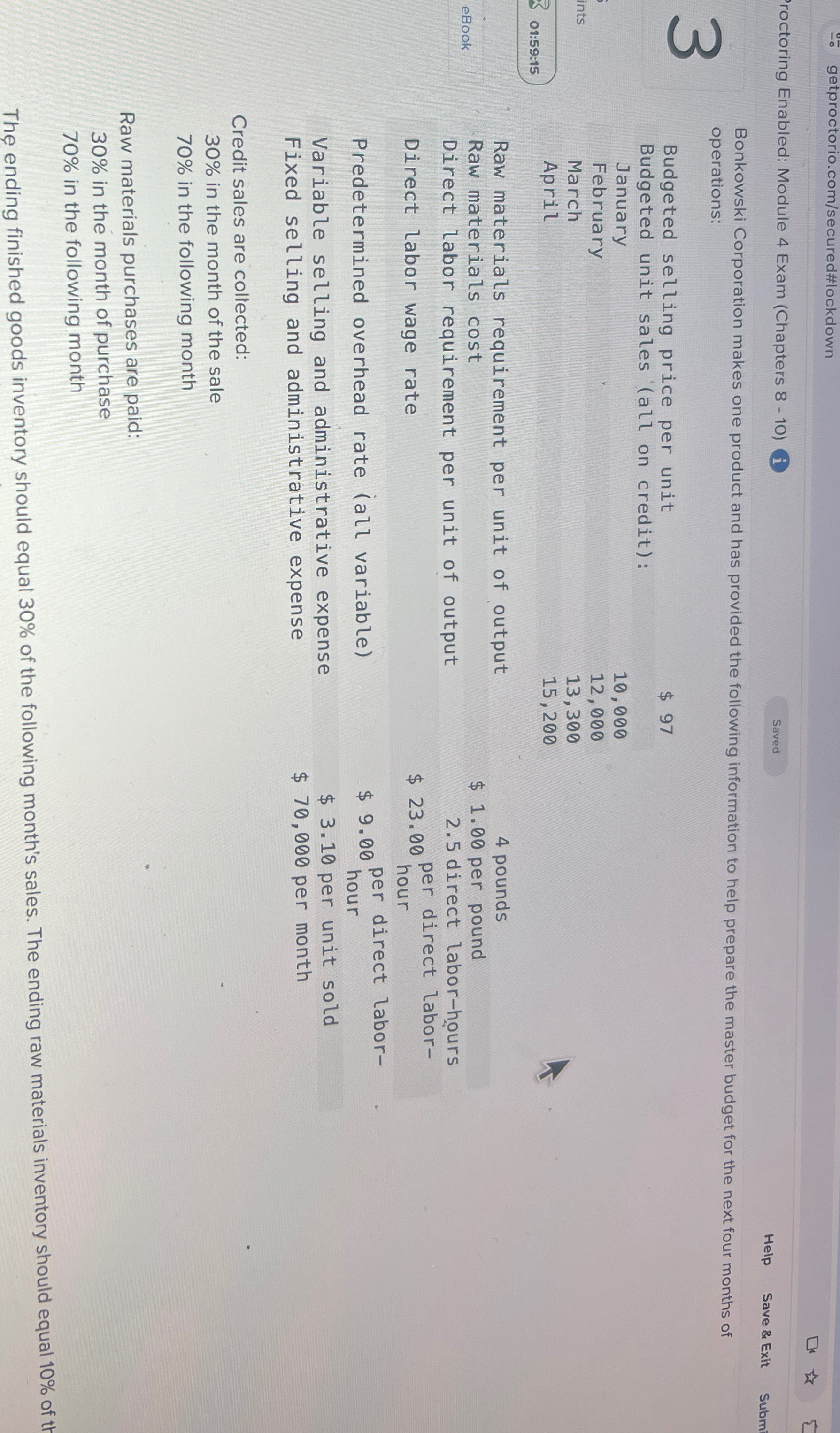  getproctorio.com/secured#lockdown roctoring Enabled: Module 4 Exam (Chapters 8-10) Saved Bonkowski Corporation