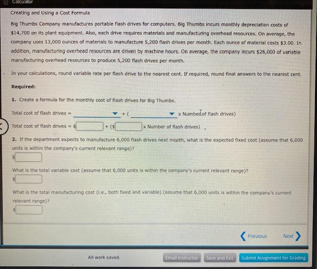 Calcuator Creating and using a Cost Formula Big Thumbs Company manufactures