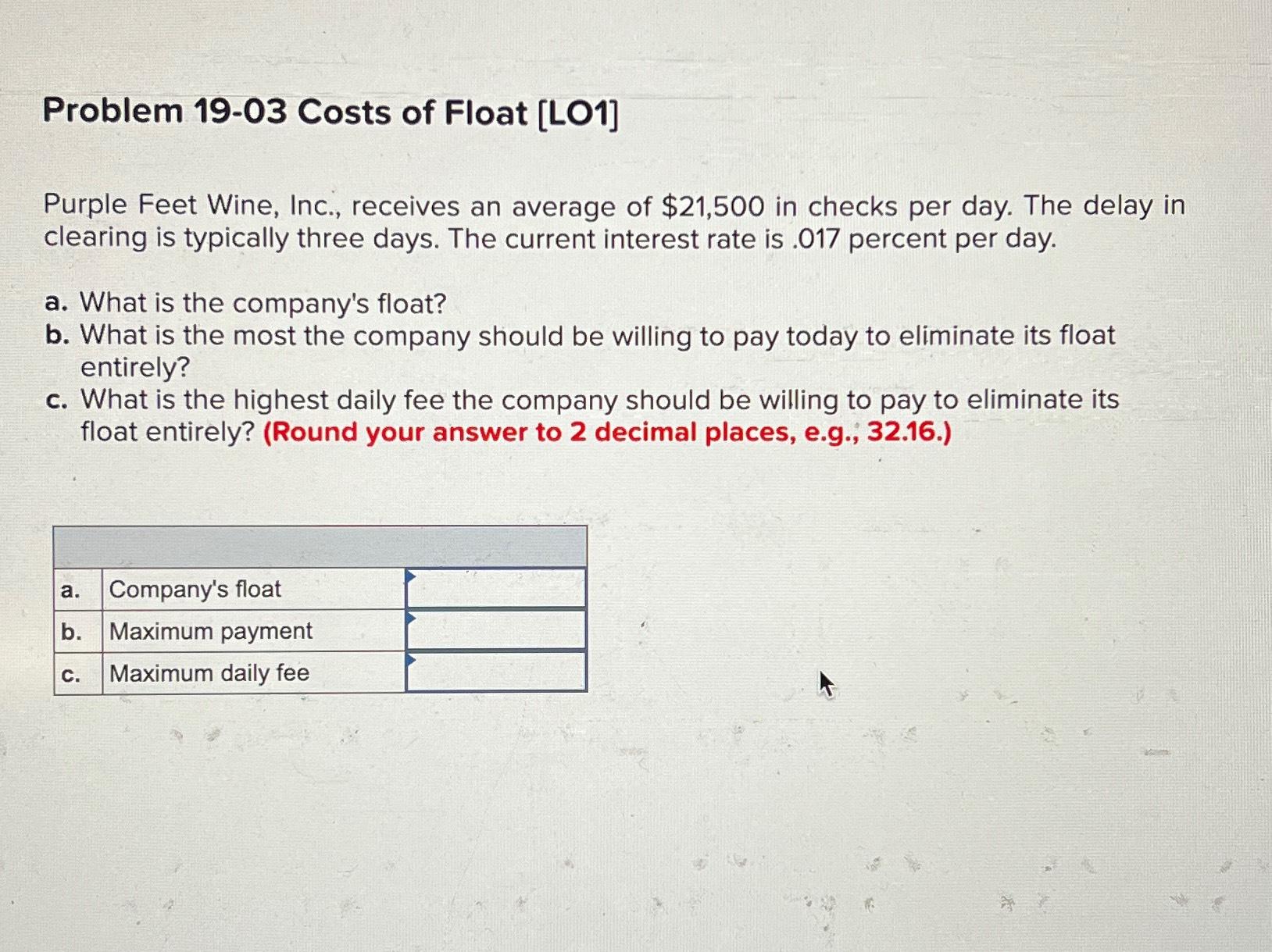  Problem 19-03 Costs of Float [LO1] Purple Feet Wine, Inc., receives