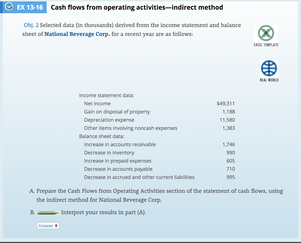  Ex 13-16 Cash flows from operating activities-indirect method Obj. 2 Selected