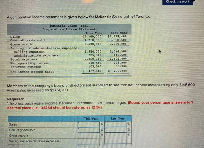  Check my work A comparative income statement is given below for