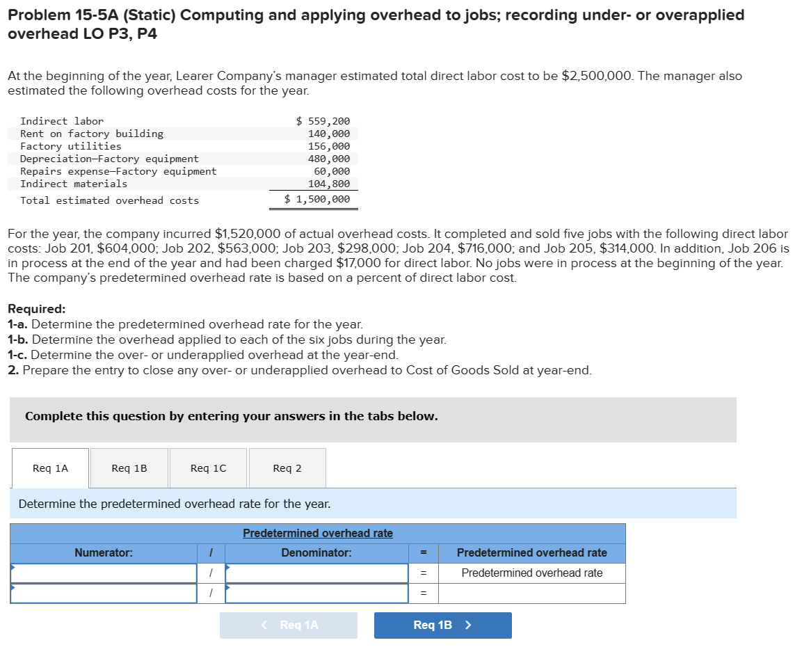 Problem 15-5A (Static) Computing and applying overhead to jobs; recording under- or