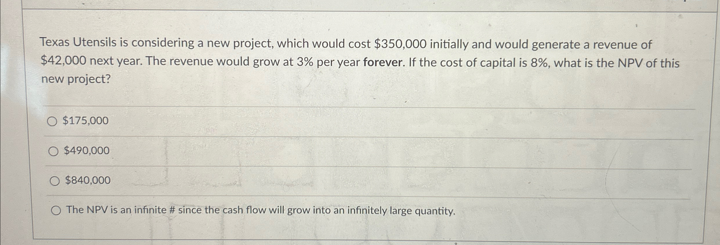  Texas Utensils is considering a new project, which would cost $350,000