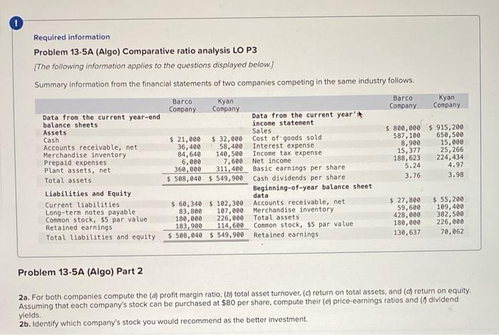 Help please Required information. Problem 13-5A (Algo) Comparative ratio analysis LO P3