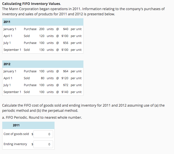  Calculating FIFO Inventory Values The Mann Corporation began operations in 2011.