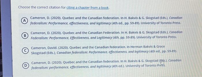  Choose the correct citation for citing a chapter from a book.