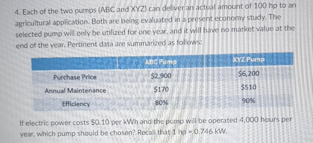Please put solution and answer! 4. Each of the two pumps