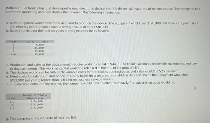  Matheson Electronics has just developed a new electronic device that it