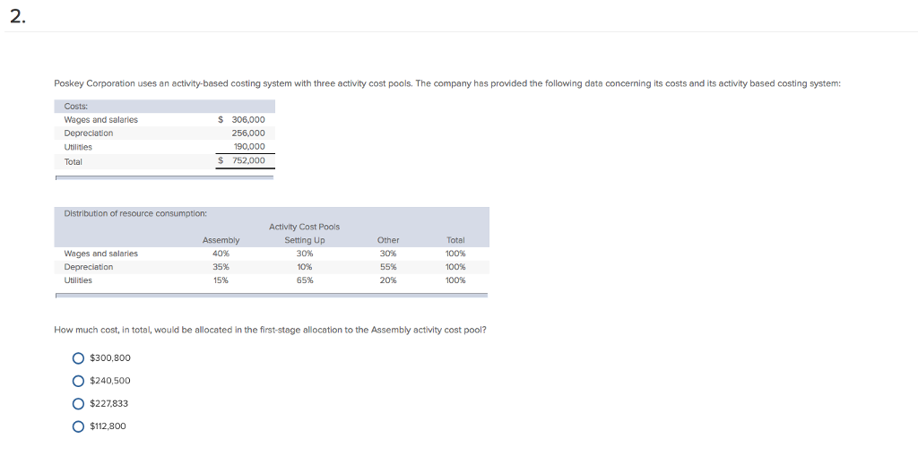  Poskey Corporation uses an activity-based costing system with three activity cost