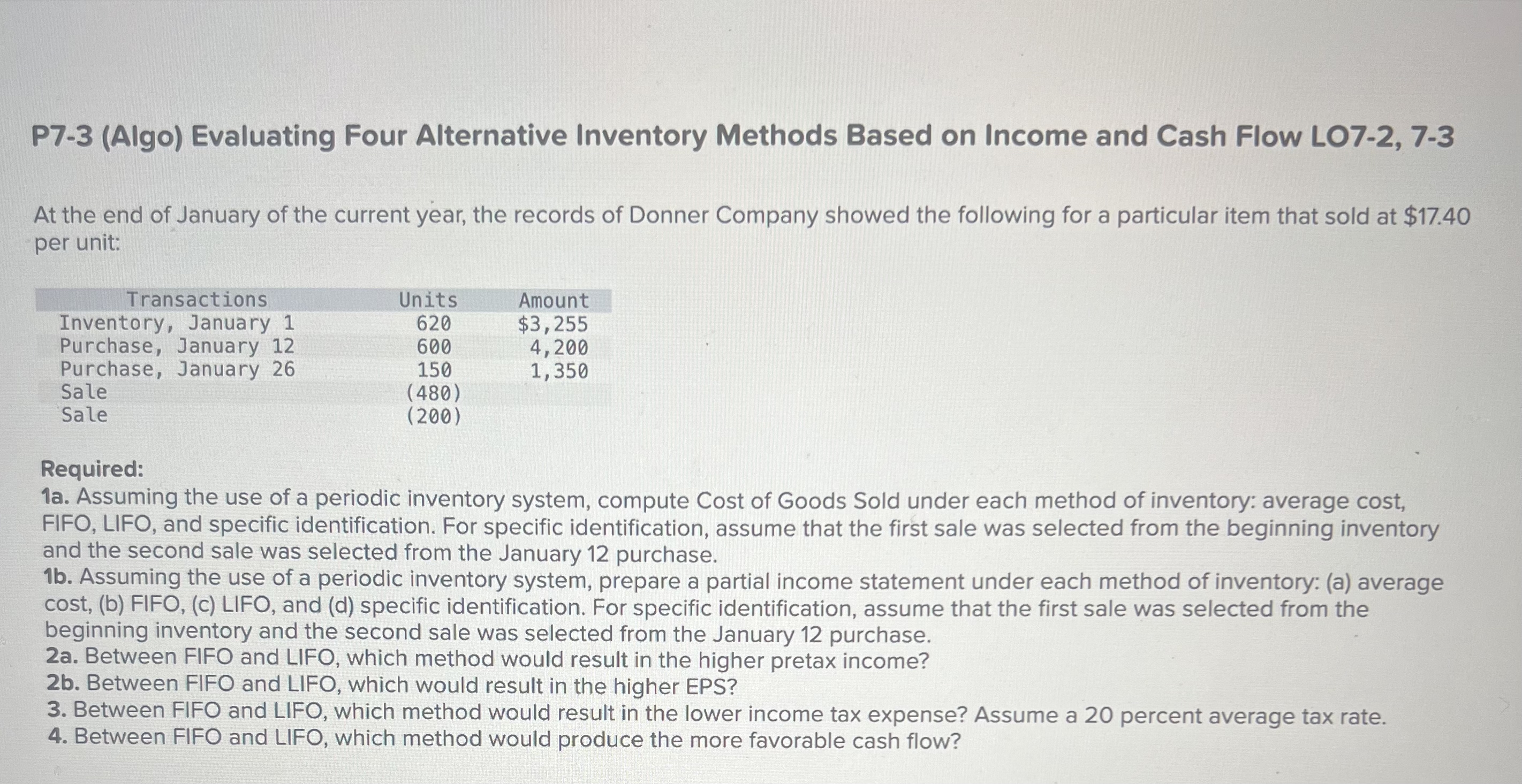  P7-3(Algo) Evaluating Four Alternative Inventory Methods Based on Income and Cash