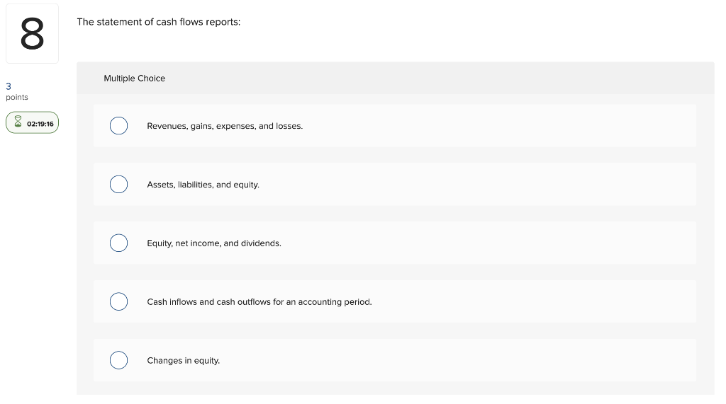 The statement of cash flows reports: Multiple Choice points (3 02:19:16