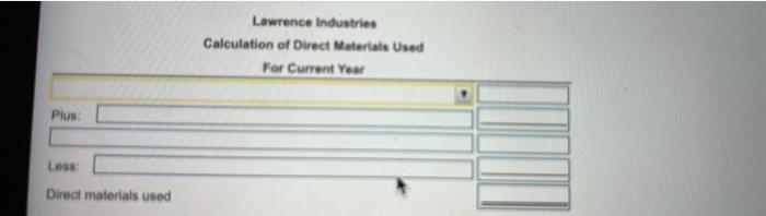 work in process inventory Manufacturing overhead Materials available for use Purchases of