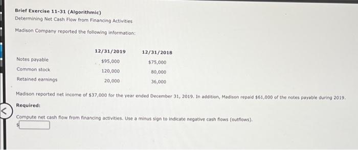 Brief Exercise 11-31 (Algorithmic) Determining Net Cash Flow from Financing Activities