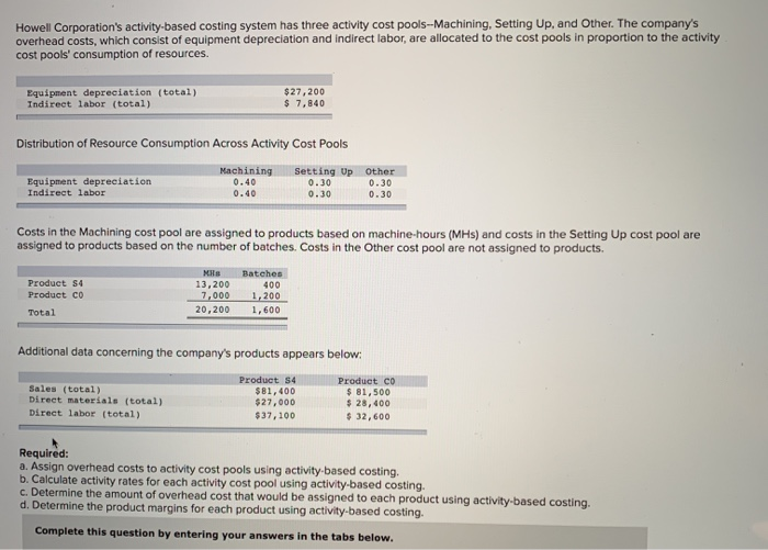  Howell Corporation's activity based costing system has three activity cost pools--Machining.