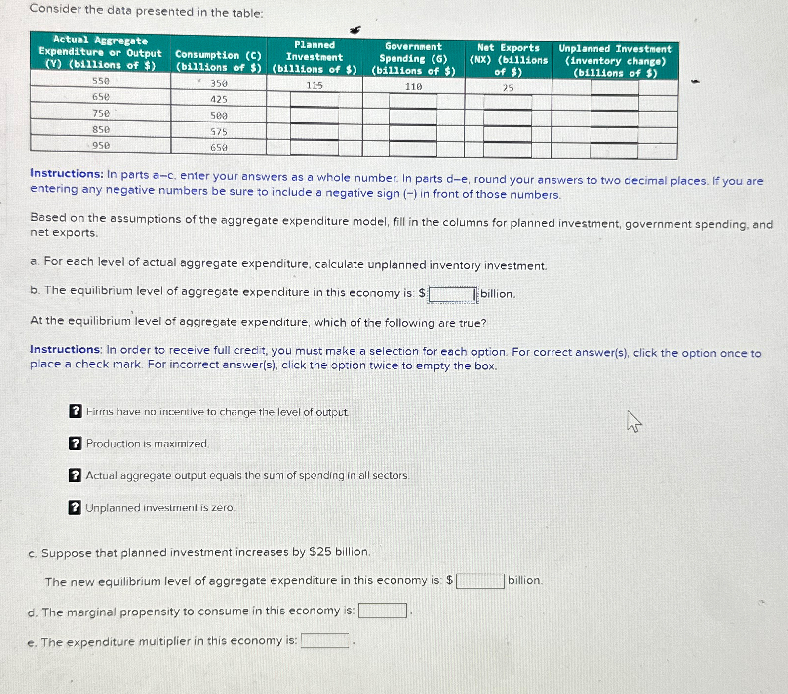  Consider the data presented in the table: \table[[\table[[Actual Aggregate],[Expenditure or Output],[(V)(billions