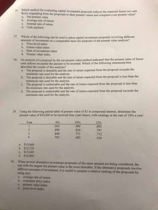  Which method for evaluating capital investment p flows originating from the