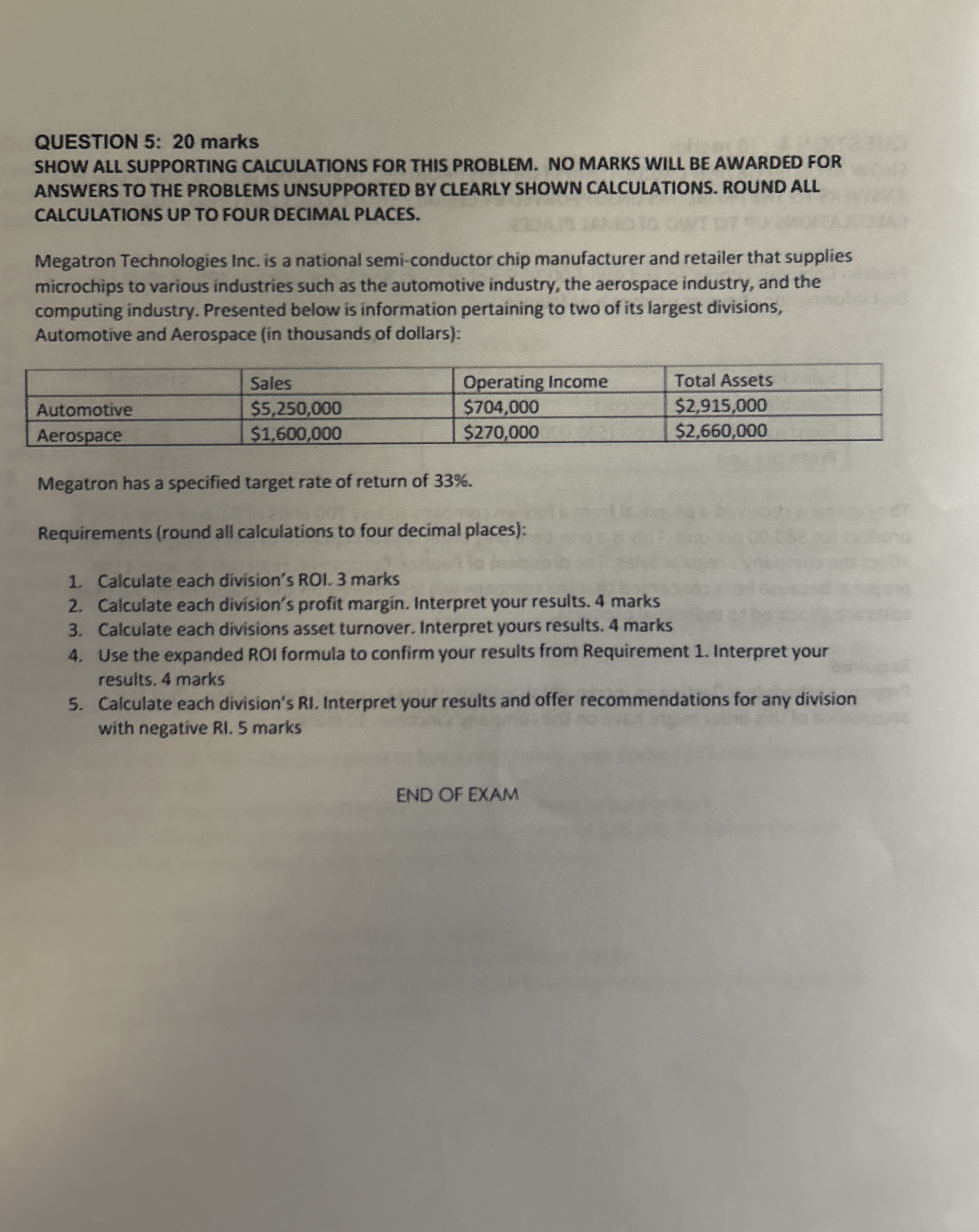  QUESTION 5: 20 marks SHOW ALL SUPPORTING CALCULATIONS FOR THIS PROBLEM.