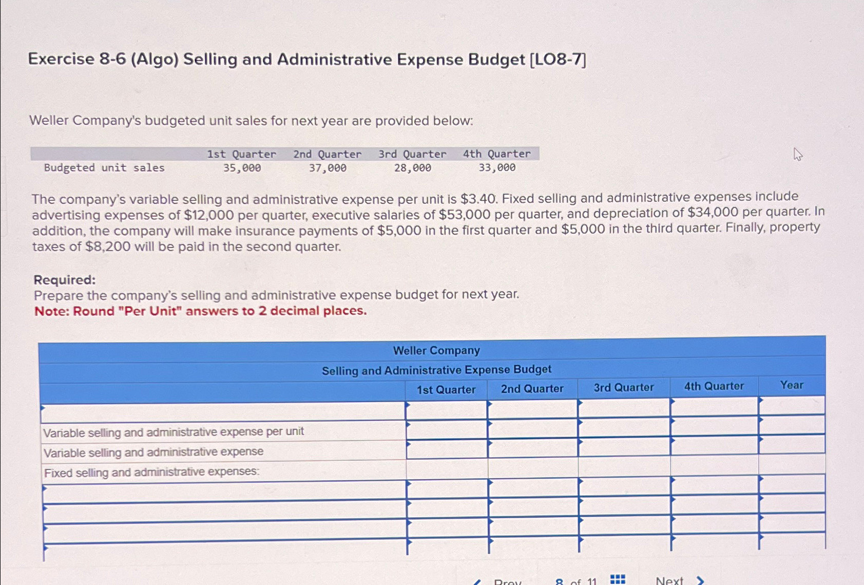  Exercise 8-6(Algo) Selling and Administrative Expense Budget [LO8-7] Weller Company's budgeted