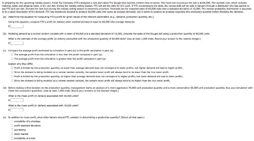  (a) Determine the equation for computing FTC's profit for given values