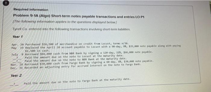 problem 4 Required information Problem 9-1A (Algo) Short-term notes payable transactions and