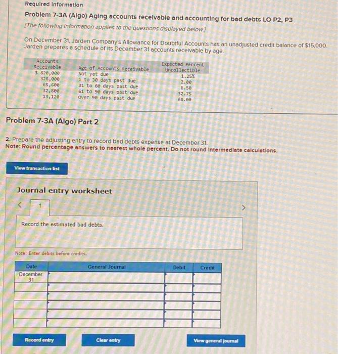 Easy Accounting Question:) Required Information Problem 7-3A (Algo) Aging accounts recelvable and