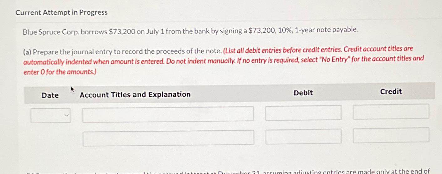  Current Attempt in Progress Blue Spruce Corp. borrows $73,200 on July