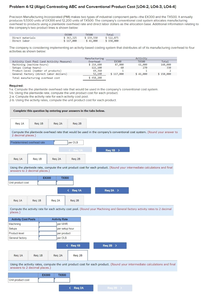  Problem 4-12(Algo) Contrasting ABC and Conventional Product Cost [LO4-2, LO4-3, LO4-4]