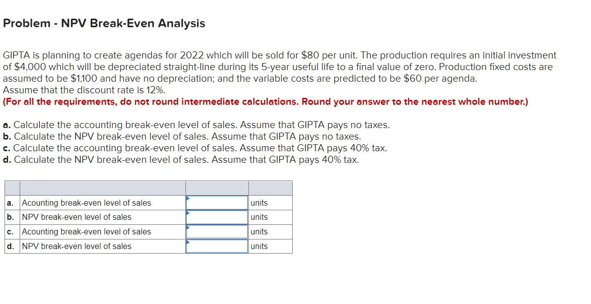  Problem - NPV Break-Even Analysis GIPTA is planning to create agendas