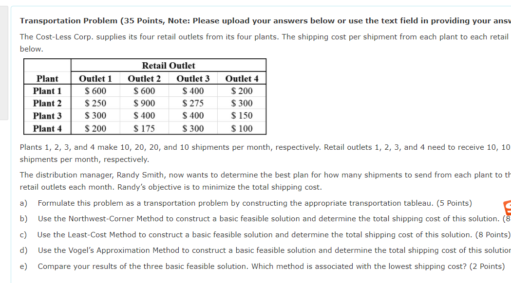 Transportation Problem (35 Points, Note: Please upload your answers below or