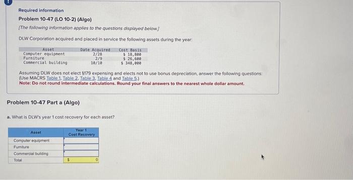 A and B please Required information Problem 10-47 (LO 10-2) (Algo) (The