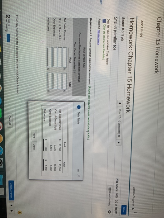 Chapter 15 Homework ACC 211-100 Chelsea Singleton & Save Homework: Chapter