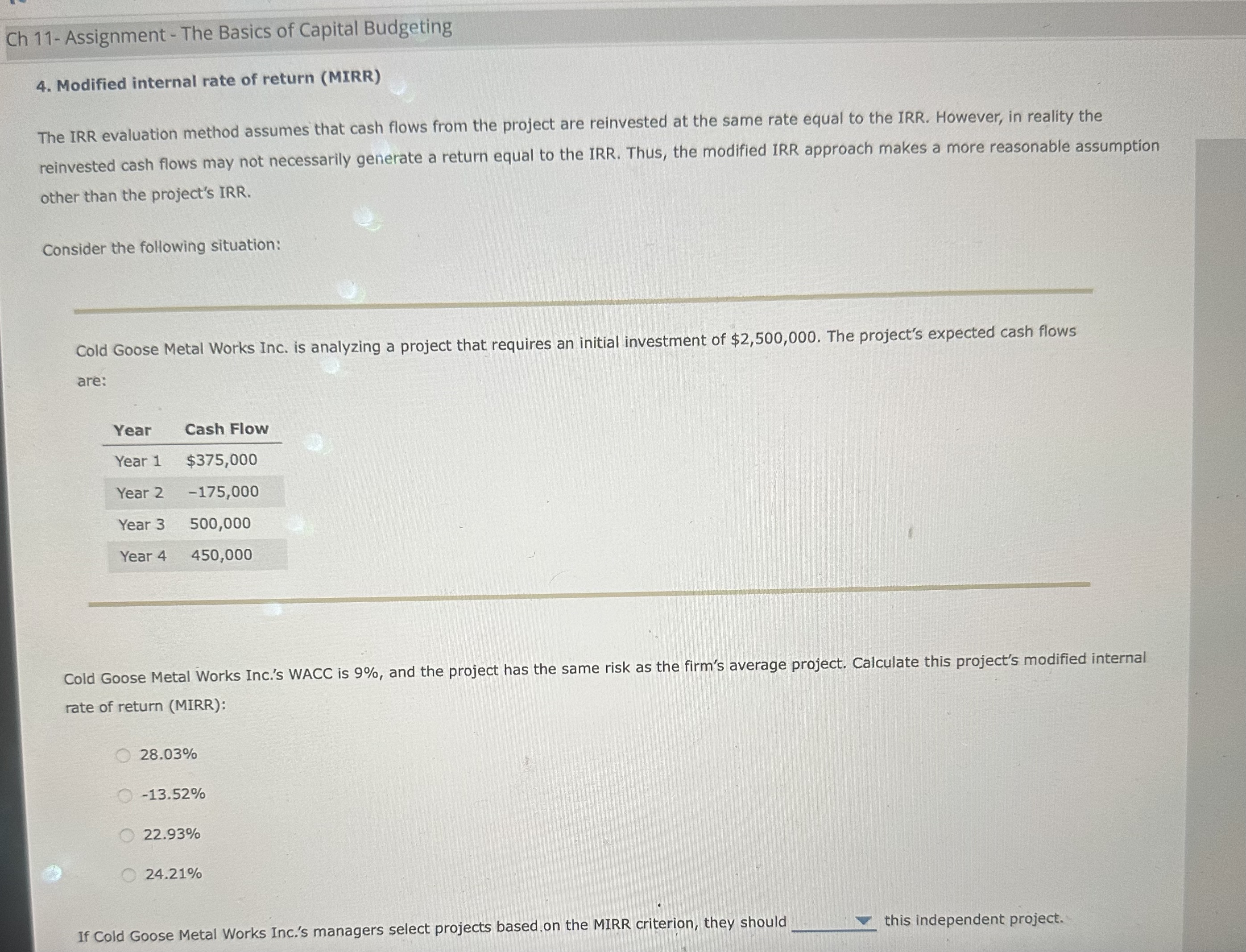 The IRR evaluation method assumes that cash flows from the project are