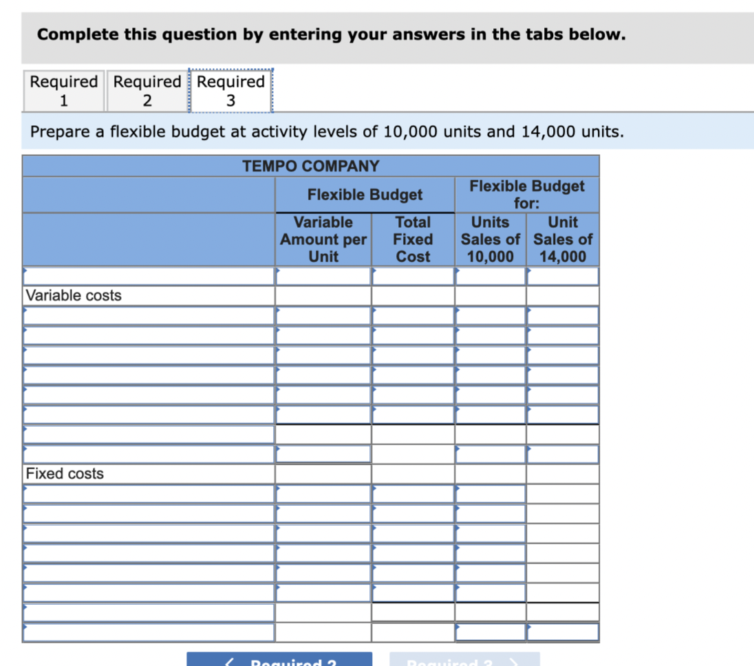 flexible budgets LO P1 Tempo Company's fixed budget (based on sales of