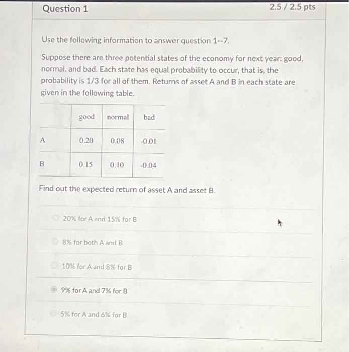 ANSWER QUESTION 5: the standard deviation of asset A is 8.6% and
