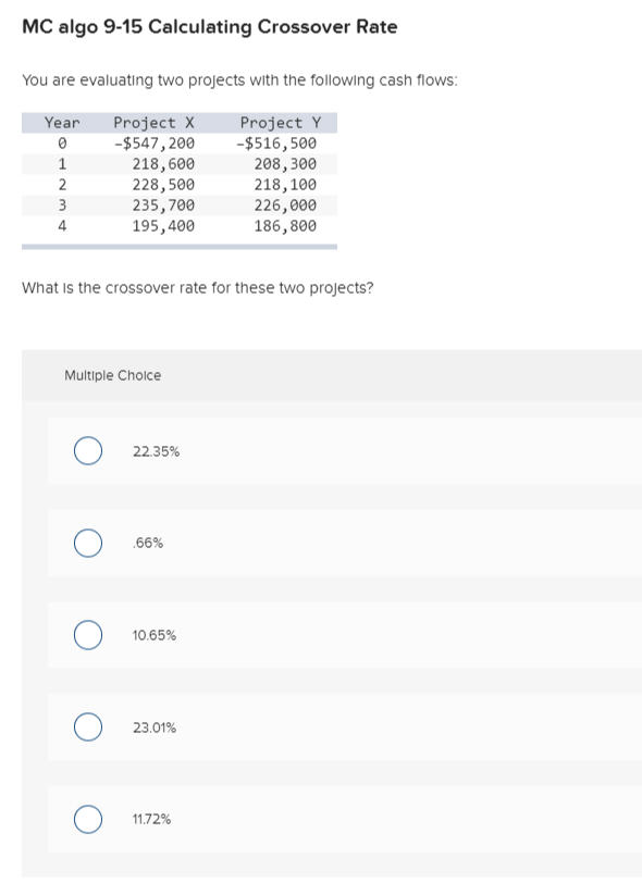 MC algo 9-15 Calculating Crossover Rate You are evaluating two projects