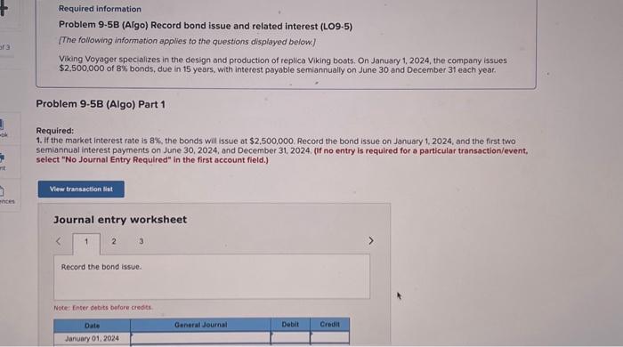  Required information Problem 9-5B (Aigo) Record bond issue and related interest
