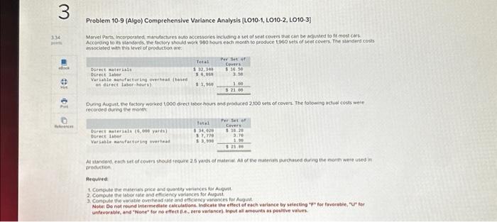 problem 10-9 (Algo) Comprehensive Variance Analysis Problem 10-9 (Algo) Comprehensive Variance Analysis