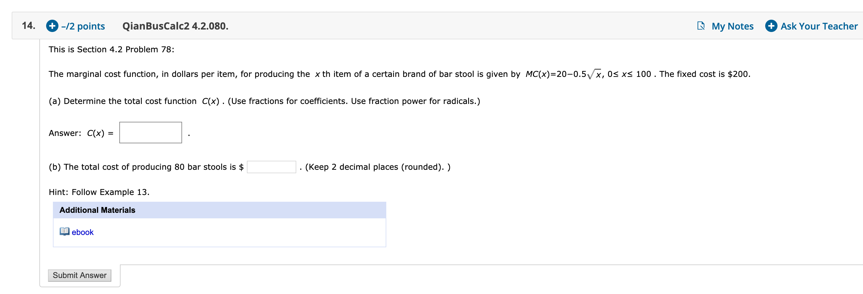 This is Section 4.2 Problem 78: The marginal cost function, in dollars