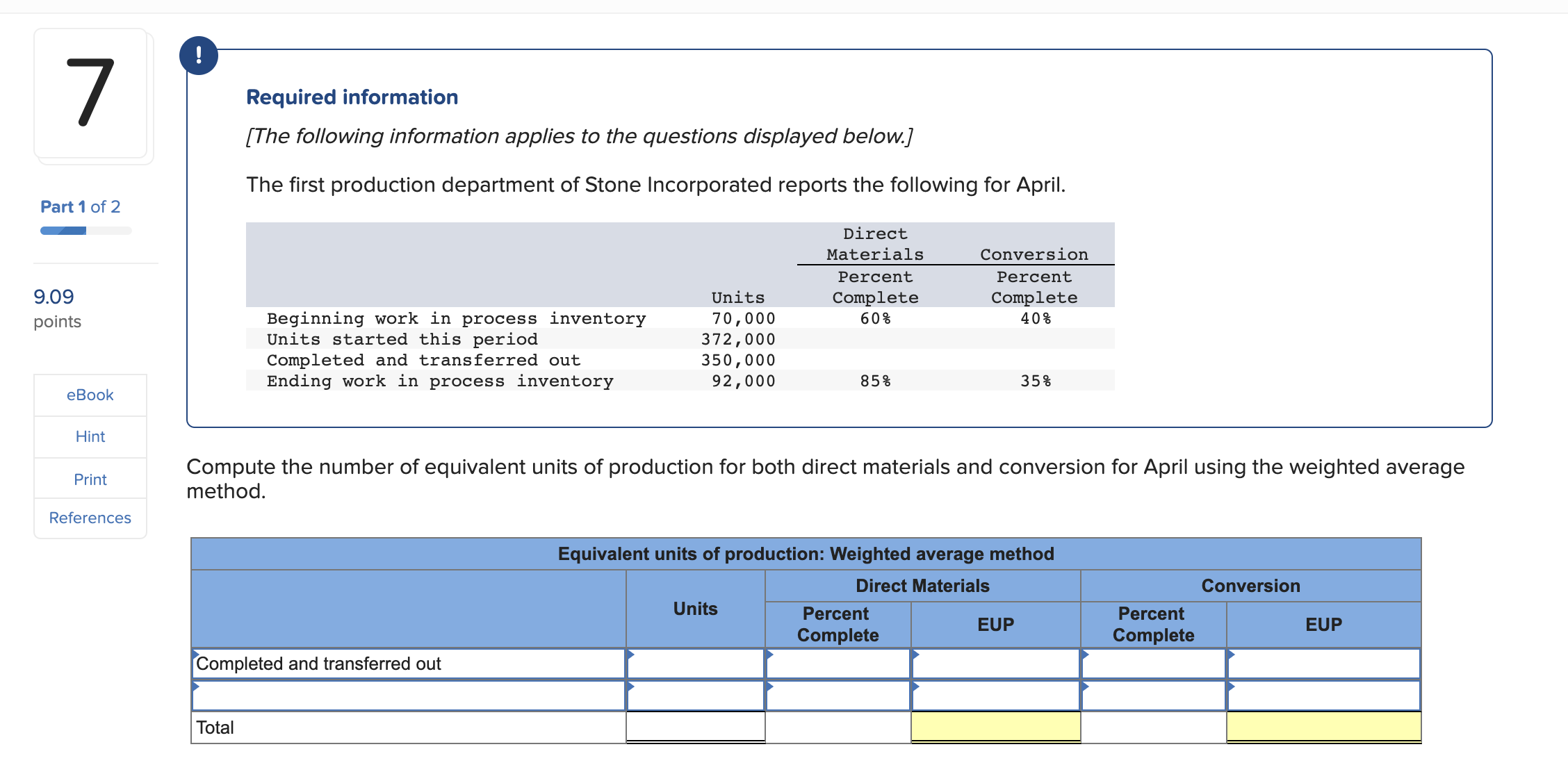 both direct materials and conversion. (Round "Cost per EUP" to 2 decimal