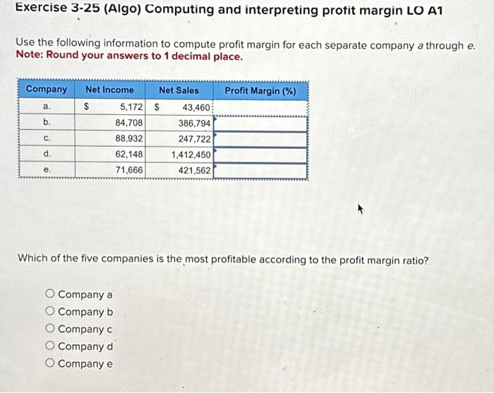  Exercise 3-25 (Algo) Computing and interpreting protit margin LO A1 Use
