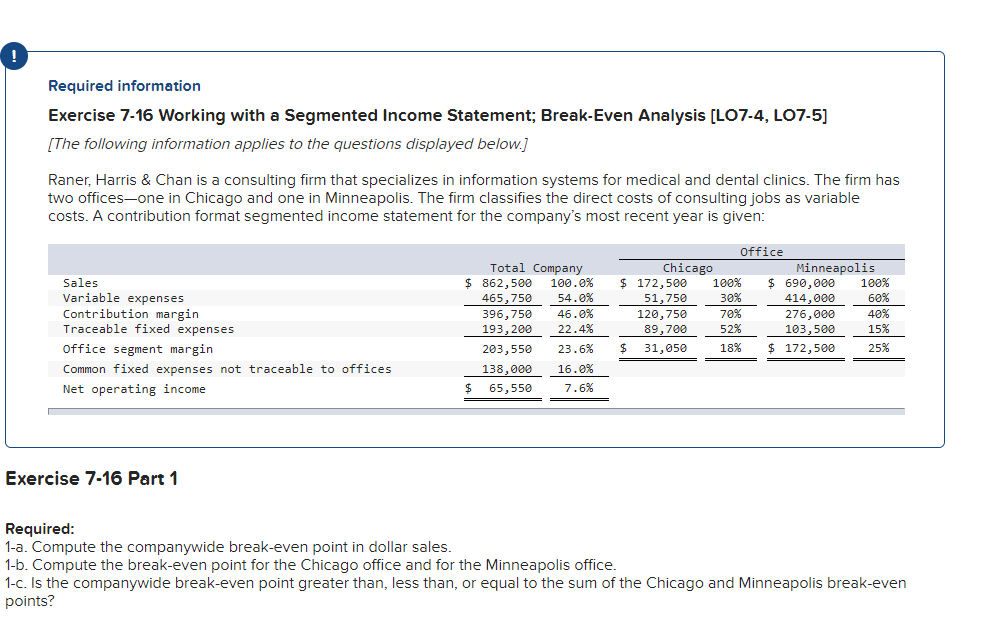  Required information Exercise 7-16 Working with a Segmented Income Statement; Break-Even